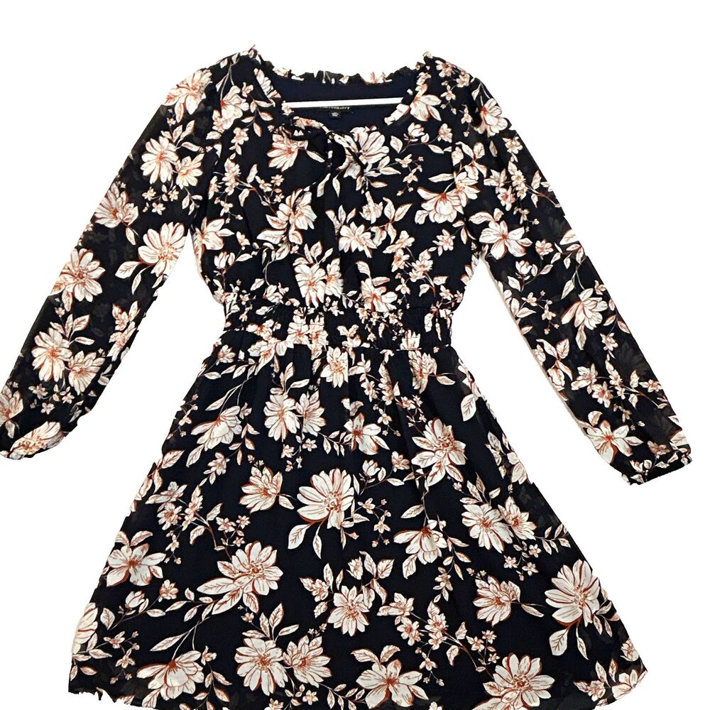 Fortune + Ivy XS Black Floral A-Line Dress Long Sleeve Smocked Tie Neck